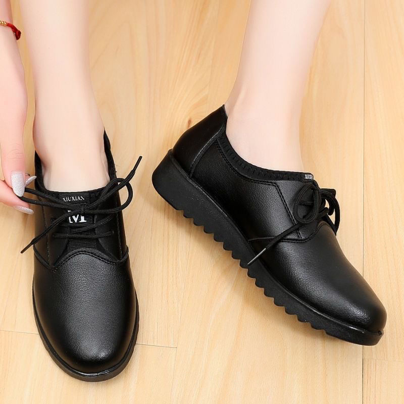 Leather Work Flats Women - أحذية أكسفورد سوداء صلبة للنساء، أحذية