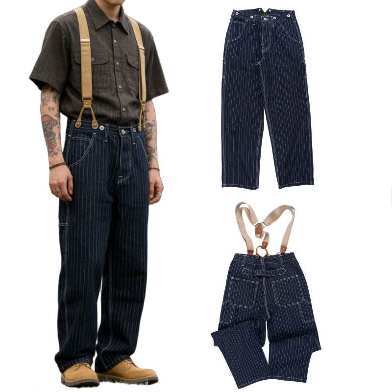Leather Work Overalls - أفرول دينيم رجالي بتصميم خطوط السكك